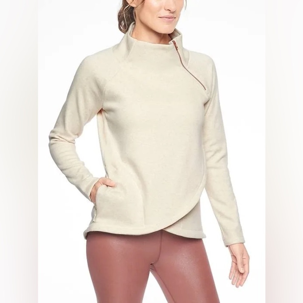 Athleta Cozy Karma Asym Pullover sweatshirt, ivory, Small